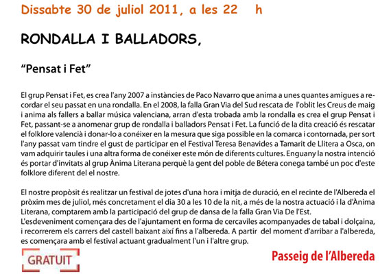 El grupo de Danzas y Rondalla " Pensat i Fet " de Betera Organiza un festival de Jotas
